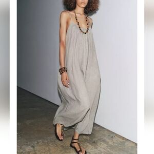 Zara Zw Collection 100% Linen Strappy Gray Oversized Maxi Summer Dress Sz-XS